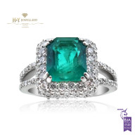 White Gold Bluish Green Emerald Ring with Diamonds - 3.50 ct