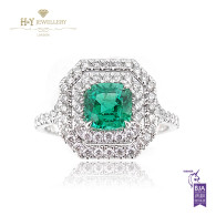 White Gold Zambian Cushion Cut Emerald and Diamond Ring - 1.60 ct