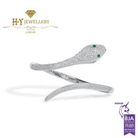 White Gold Brilliant Cut Snake Design Diamond Bracelet set with Emeralds - 1.75 ct