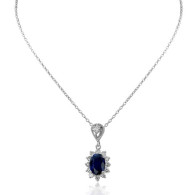 White Gold Necklace With Oval Cut Royal Blue Sapphire And Brilliant Cut Diamonds