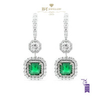 White Gold Emerald cut Emerald  and Brilliant Cut Diamond Earrings - 6.11 ct